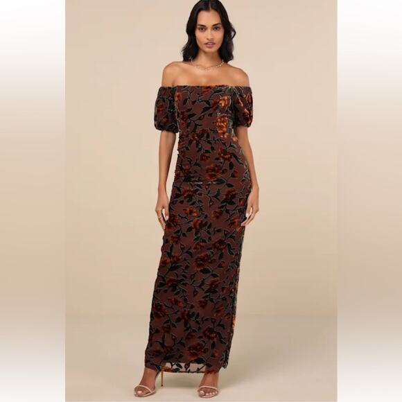 Lulus Confidently Impressive Brown Velvet Off-the-Shoulder Maxi Dress Size XS - Picture 1 of 8
